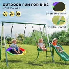 Qaba Metal Swing Set with Slide, Heavy Duty Swing Set, Dark Green
