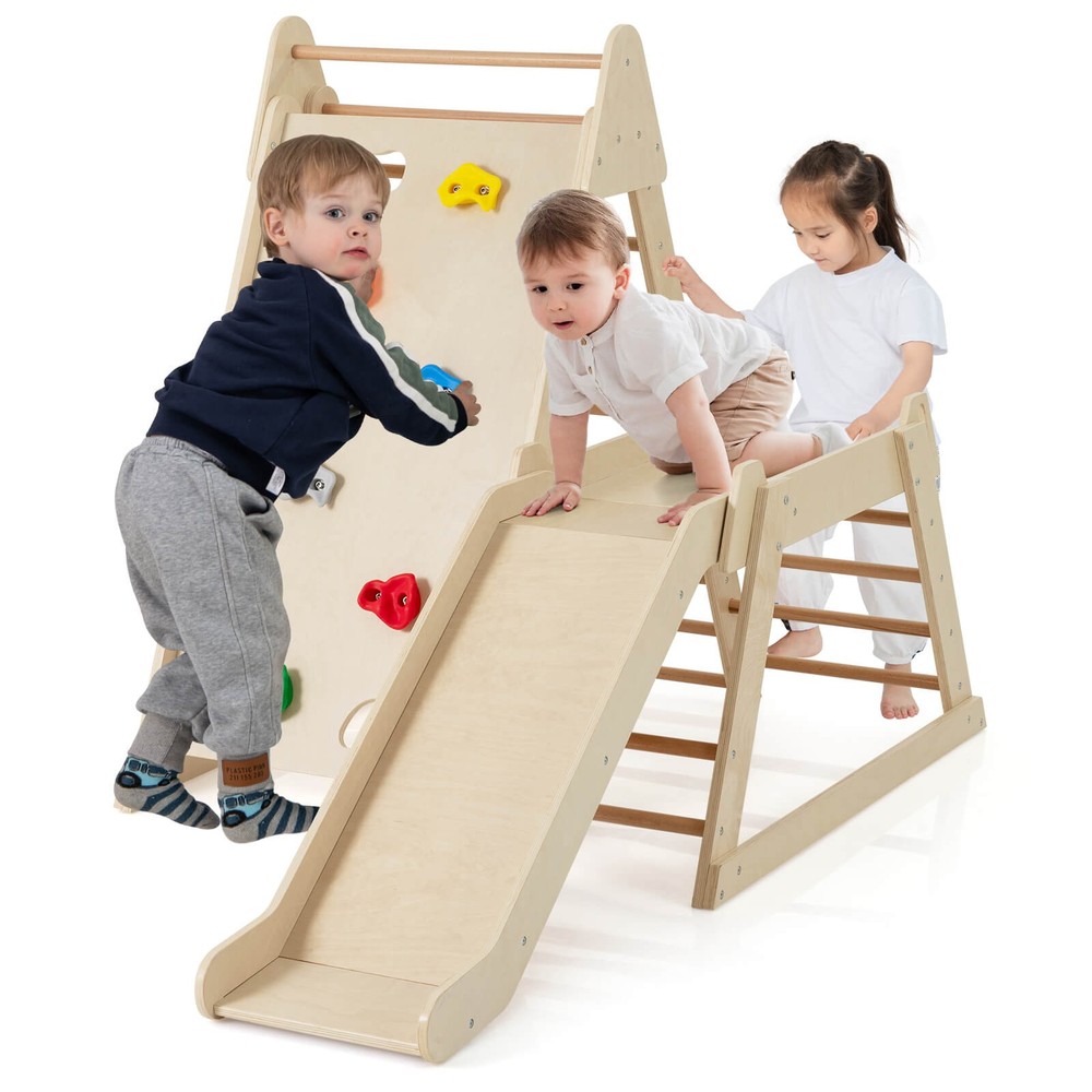 3-In 1 Jungle Gym Playground for Toddlers w/ Extended Slide & Wooden Climber