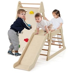 3-In 1 Jungle Gym Playground for Toddlers w/ Extended Slide & Wooden Climber