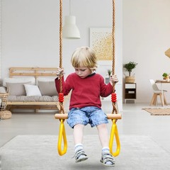 Adjustable 16″ Wooden Trapeze Bar with Rings – Swing Set Climbing Gym Accessorie