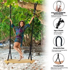 Favuit Wooden Swing Seat Hanging Tree Swing Adjustable Nylon Rope Outdoor Wood