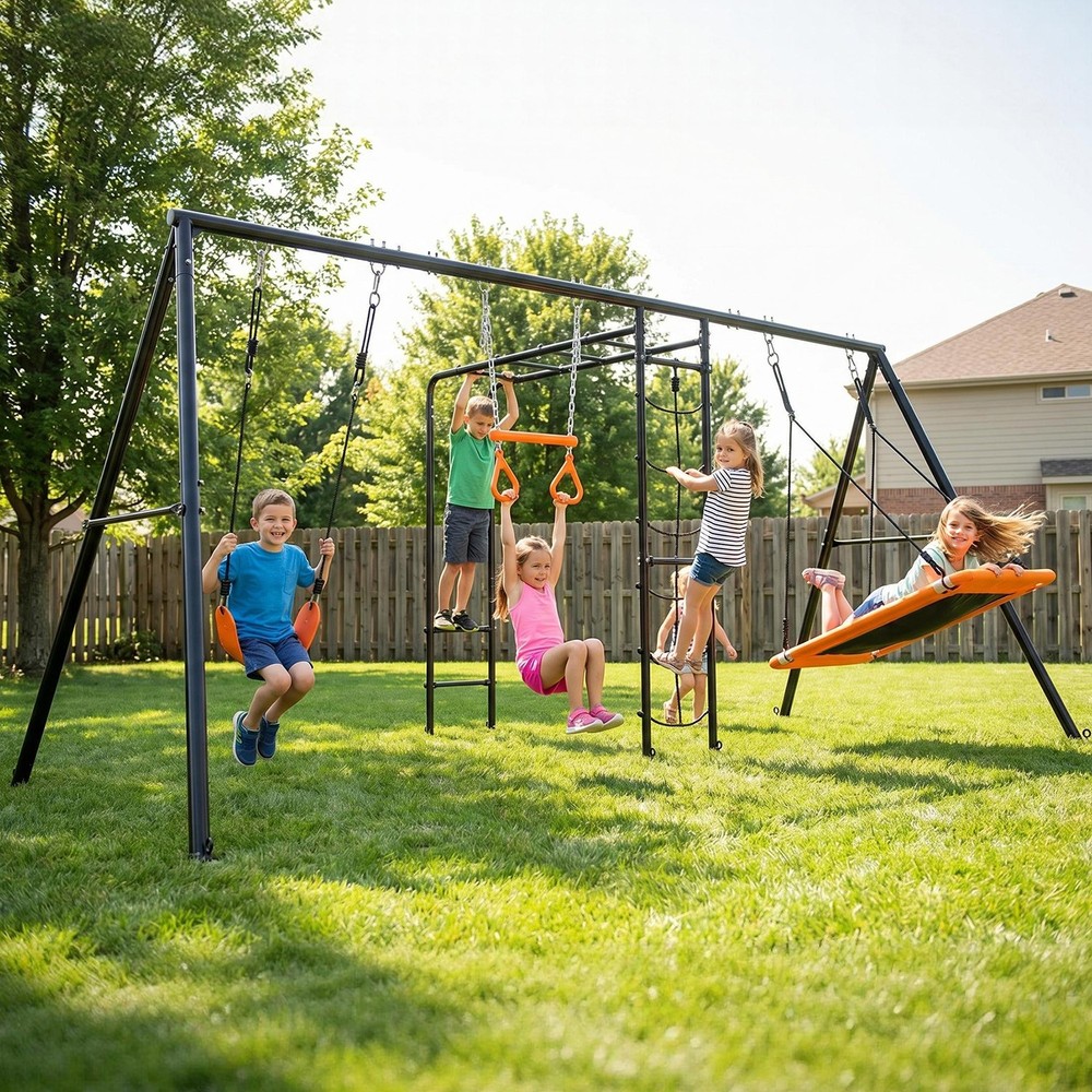 Heavy-Duty Metal Swing Set for Backyard Outdoor Playset w/ Monkey Bars, 2 Swings