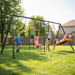 Heavy-Duty Metal Swing Set for Backyard Outdoor Playset w/ Monkey Bars, 2 Swings