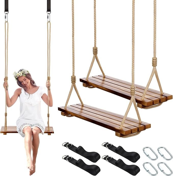 2 Pcs Wood Swing Seat Carbonized Hanging Wood Tree Swing Adjustable Anticorro…
