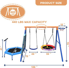 5-in-1 Kids Swing Set with Trampoline, Saucer Swing & Basketball Hoop