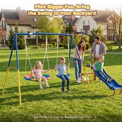 Swing Sets for Backyard with Kids Slide Outdoor Metal Playset 3 in 1 Swing Set