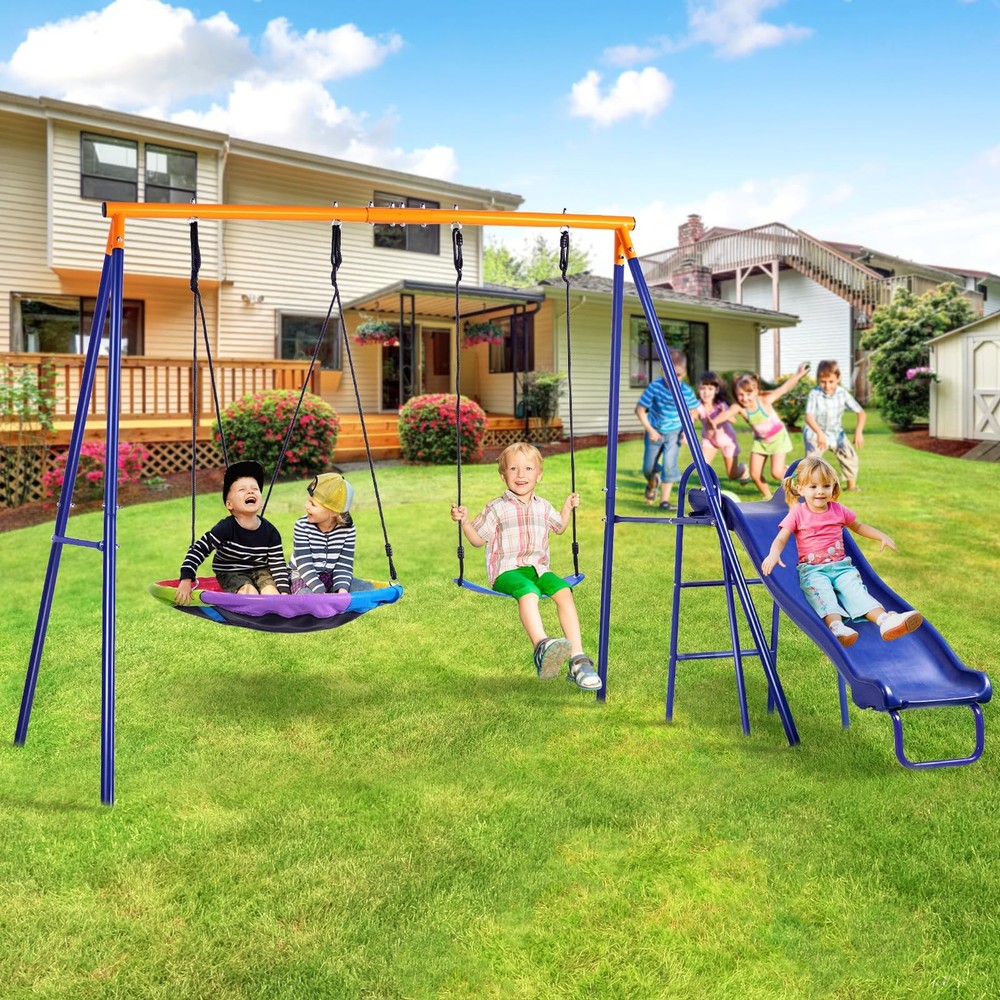 Lunafun Swing Set for Backyard 440lb with Slide Saucer Seat