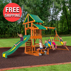 Backyard Playground Cedar Wooden Swing Set Kids Play Outdoor Fun with 8 Ft Slide