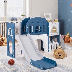 All in 1 Toddle Slide Playset Freestanding Kids Slide w/ Tunnel Basketball Hoop