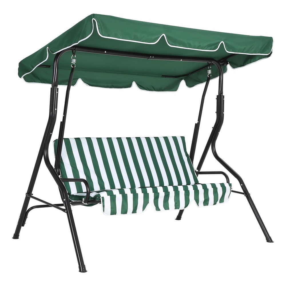 Adjustable 3-Seat Green Outdoor Swing with Canopy, Steel Frame & Thick Cushions