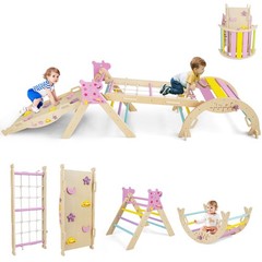 Triangle Set Wooden Montessori Climbing Set w/Arch Ramp Climbing Rope & Ladder