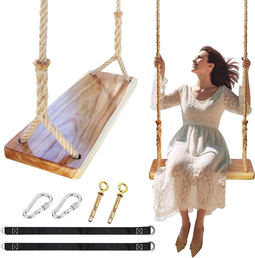 Wooden Swing 24″x 8″x 1.2,500lbs,Wooden Tree Swing Adjustable Hemp Rope &