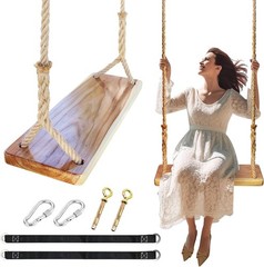 Wooden Swing 24″x 8″x 1.2,500lbs,Wooden Tree Swing Adjustable Hemp Rope &