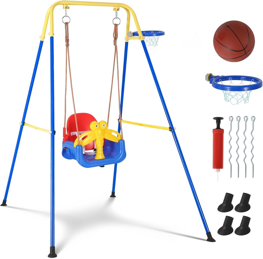 4 in 1 Toddler Swing Set Outdoor with Basketball Hoop Kids Swing for Backyard