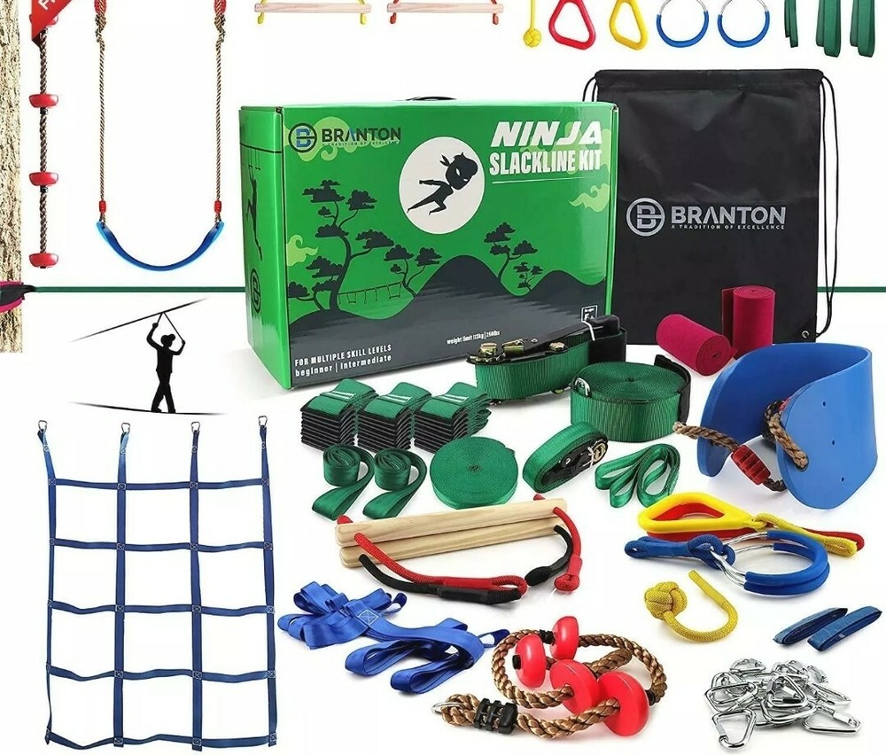 Ninja Warrior Obstacle Course for Kids – 2 X Ninja Slackline 50′ with 10 Accesso