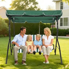 Adjustable 3-Seat Green Outdoor Swing with Canopy, Steel Frame & Thick Cushions