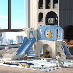 6 in 1 Toddler Slide Playset Climber Playground for Kids w/ Basketball Hoop Blue