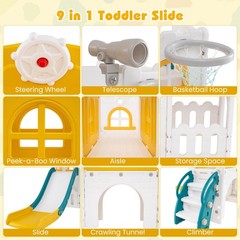 9 in 1 Toddler Slide L Shaped Kids Slide and Climber Playset w/ Basketball Hoop