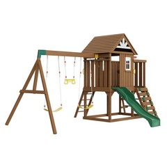 9-in-1 Outdoor Wooden Swing Set with 6ft Slide & Upper Fort Playground
