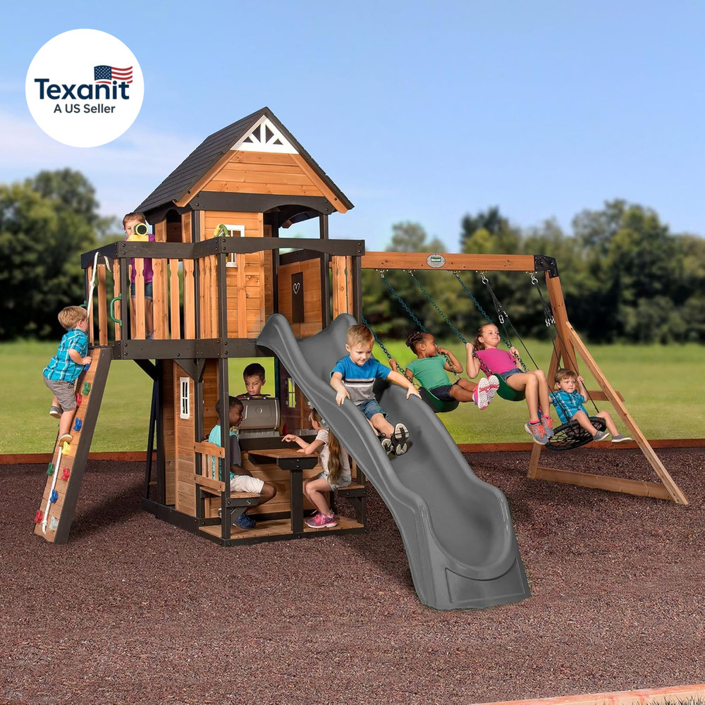 Canyon Creek Cedar Wood Swing Set with Wave Slide, Clubhouse, Play Kitchen, Picn