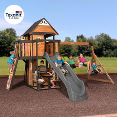 Canyon Creek Cedar Wood Swing Set with Wave Slide, Clubhouse, Play Kitchen, Picn