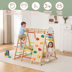 9-in-1 Kids Playground, Foldable Wooden Climbing Frame Slide Swing for Ages 3+