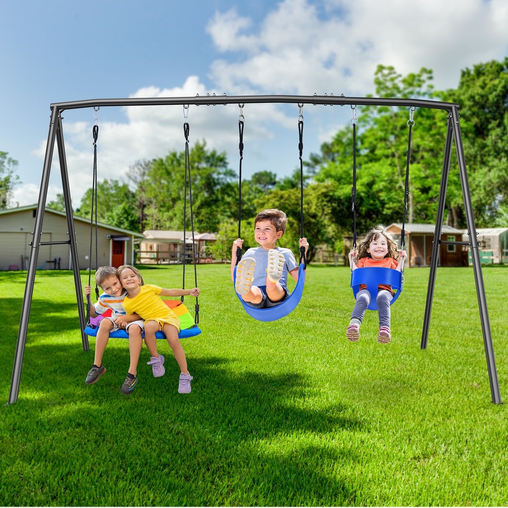 440lbs Heavy-Duty Metal Swing Set w/3 Swings Triple Outdoor Kids Metal Swing Set