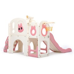6 in 1 Toddler Slide Playset Climber Playground for Kids w/ Basketball Hoop Pink