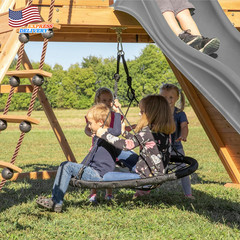 Cedar Wood Swing Set with Wave Slide Play Deck Double Rock Wall Rope Ladder NEW