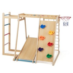 6-in-1 Jungle Gym w/Slide Rock Climbing Basketball Hoop Monkey Bar Rope Net