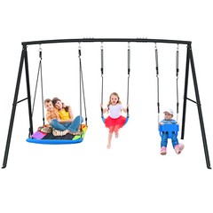 4 IN1 Heavy Duty Metal Swing Set Kids Backyard Playset with 3 Swings for Outdoor