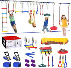 Ninja Warrior Obstacle Course for Kids Backyard-65Ft Slackline Kit with 13 Obsta