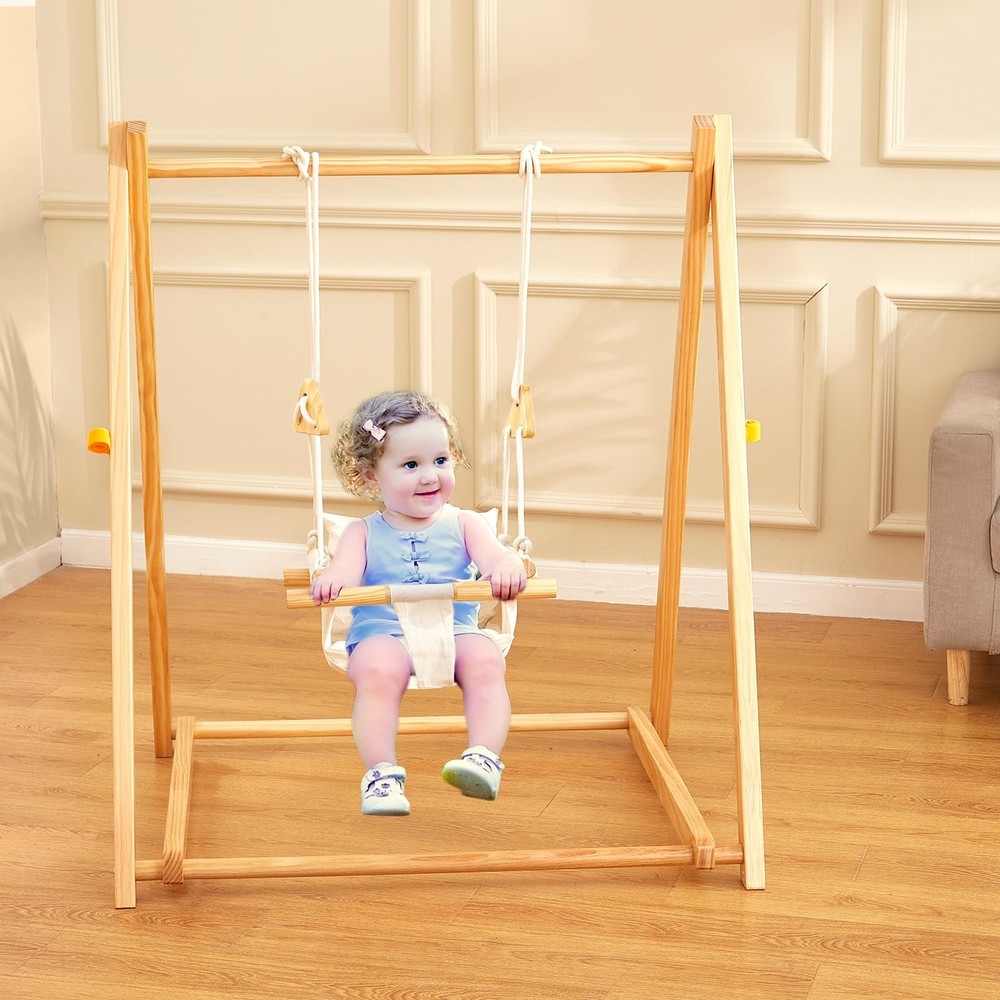 Wooden Swing Set for Toddlers 6-36 Months, Foldable Baby Swing Set with Durable