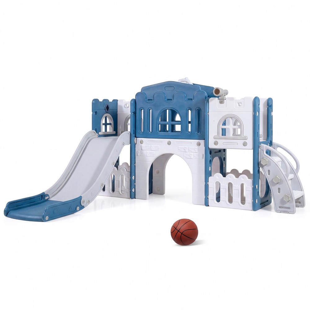 All in 1 Toddle Slide Playset Freestanding Kids Slide w/ Tunnel, Basketball Hoop