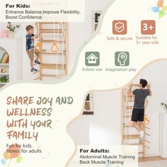 6-in-1 Ladder Wall Gym Gymnastic Rings Wooden Wall Mounted Indoor Play Set