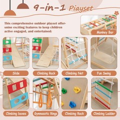 9-in-1 Wooden Outdoor Playset Swing Slide Monkey Bars Climber for Kids Backyard