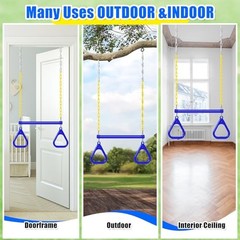 2 Set Gym Ring Trapeze Swing Bar and Climbing Rope with Platforms Disc Blue
