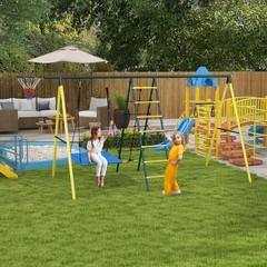 Metal Swing Set for Backyard, 5 in 1 Design for Ages 3-8, Yellow