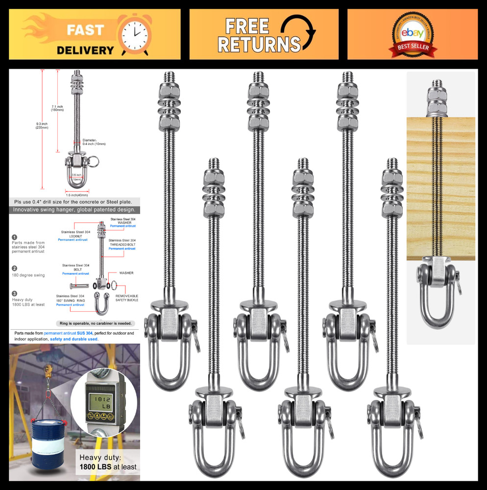 Heavy Duty Swing Hangers Set of 6, Stainless Steel Hooks for Porch & Yoga Swings
