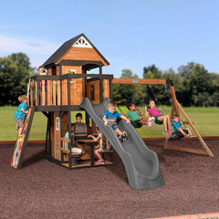 Canyon Creek Cedar Wood Swing Set with Wave Slide, Clubhouse, Play Kitchen, Picn