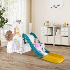 6 in 1 L-shaped Toddle Slide for Toddlers Age 1-3 Baby Slide w/ Basketball Hoop