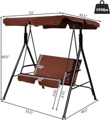 2-Person Steel Frame Outdoor Porch Swing with Cushions & Adjustable Canopy