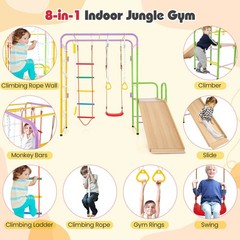 Metal Indoor Jungle Gym 8-in-1 Climbing Playset w/ Monkey Bars, Wall, Ladder