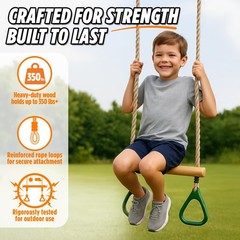 Adjustable Wooden Trapeze Swing Bar for Kids – 18″ Monkey Bars & Rings – Ninja W