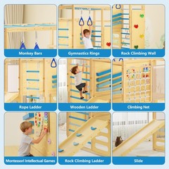 9-in-1 Indoor Jungle Gym, Wooden Toddler Jungle Gym Playground Set, Wood Outdoor