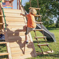 Cedar Wood Swing Set with Wave Slide Play Deck Double Rock Wall Rope Ladder NEW