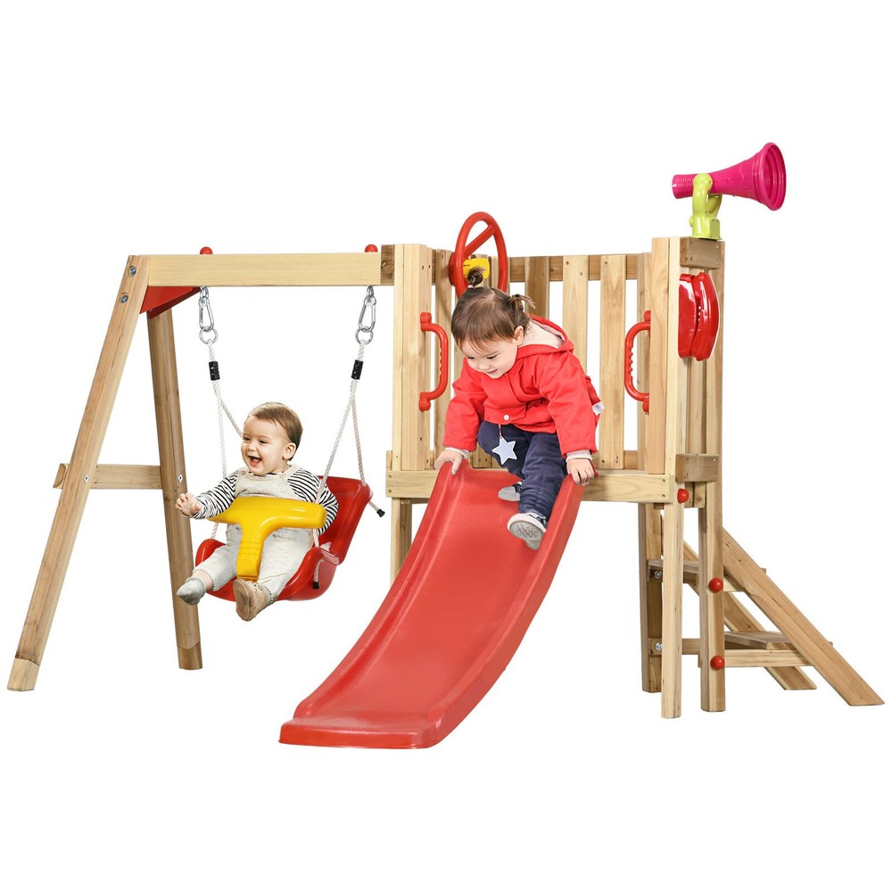 4 in 1 Wooden Swing Set with Swing Slide Horn Steering Wheel
