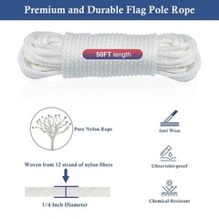 NQ Flag Pole Rope Kit-50FT x 1/4″ Diameter Nylon Flag Pole Halyard Rope with …