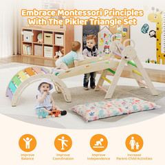 Pikler Triangle Set with Cushion, 7-In-1 Foldable Toddler Climbing Toys, Indoor