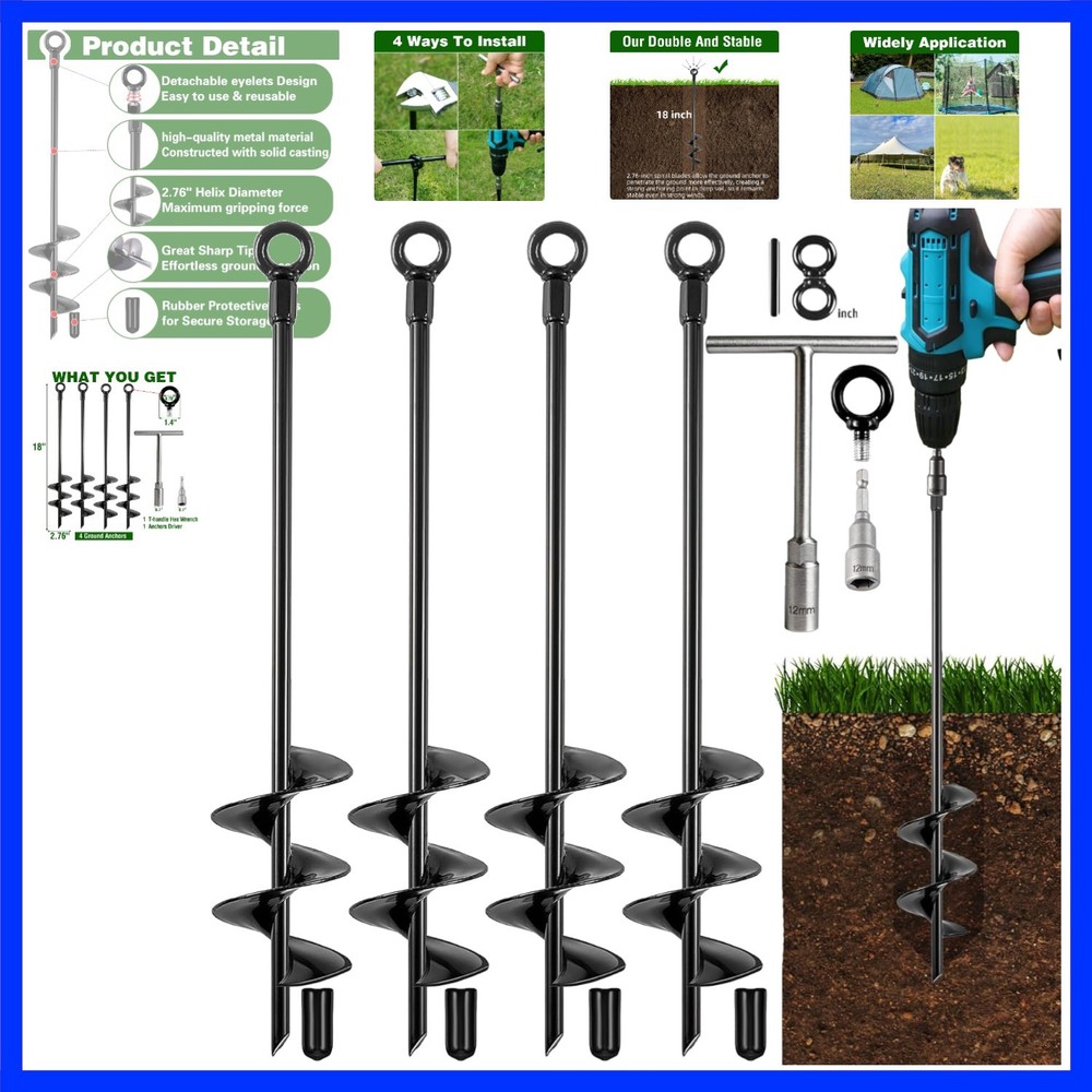 Ground Anchors Heavy Duty, Swing Set Anchor Kit 18 Inch 4 Pack Screw in Earth…